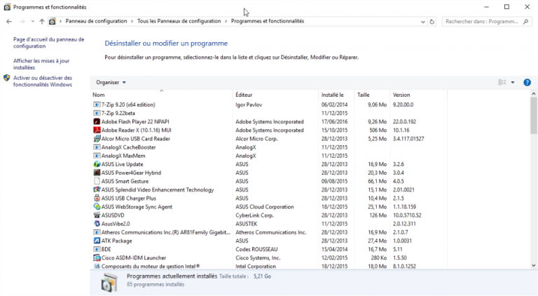 Screenshot de la fonctionnalité de désinstallation de programmes dans Windows