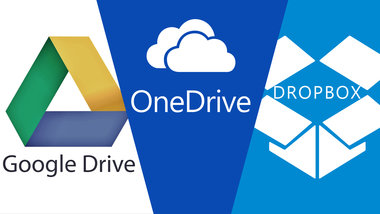 Logos de Google Drive, Dropbox et Microsoft OneDrive