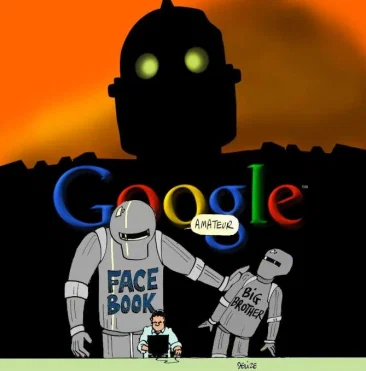 Image d'un utilsateur sur son ordinateur et surveillé par 3 robots de plus en plus gros : Big Brother, Facebook et Google